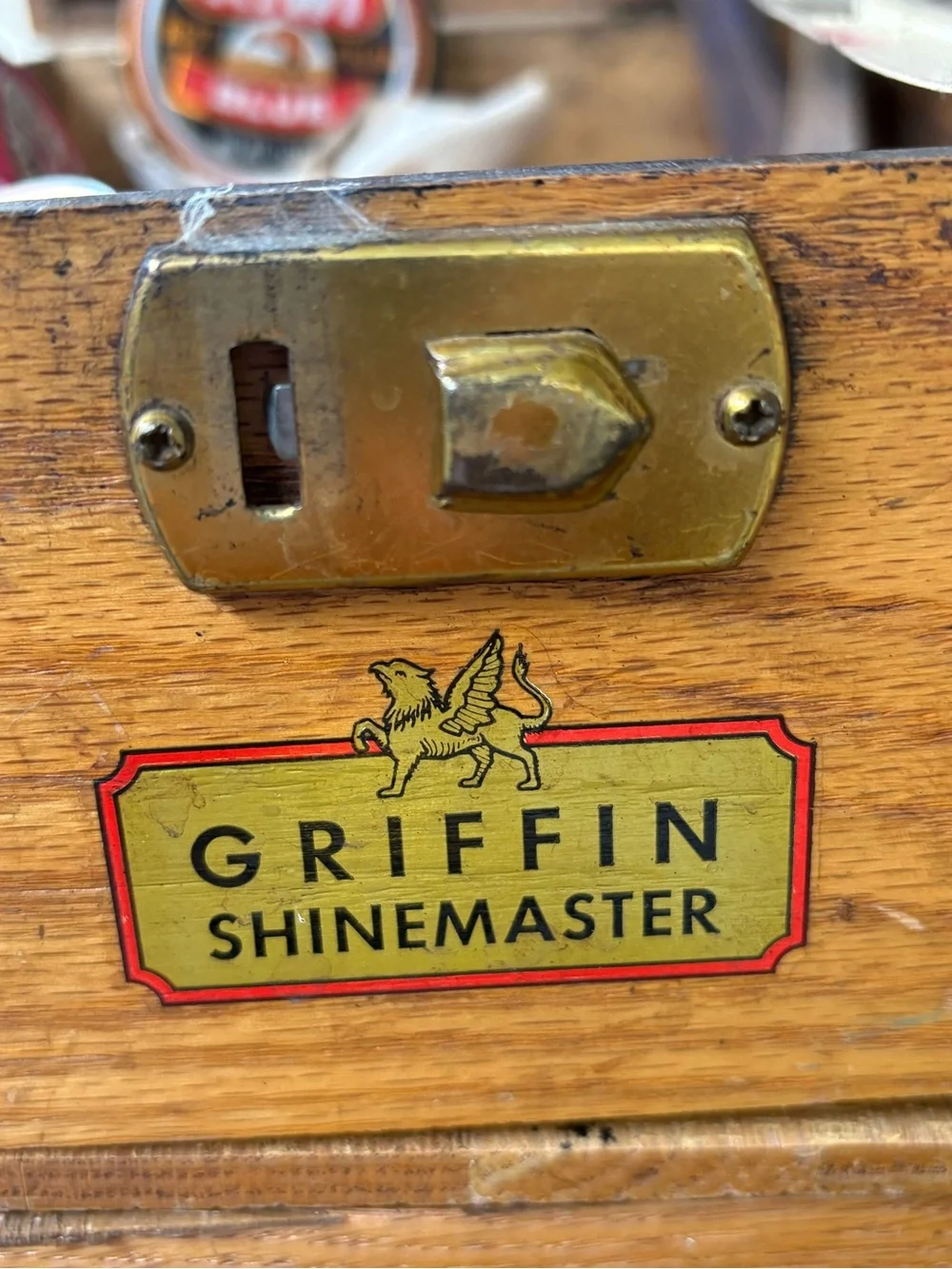VTG Griffin Shinemaster wooden shoe shine box with tins of polish